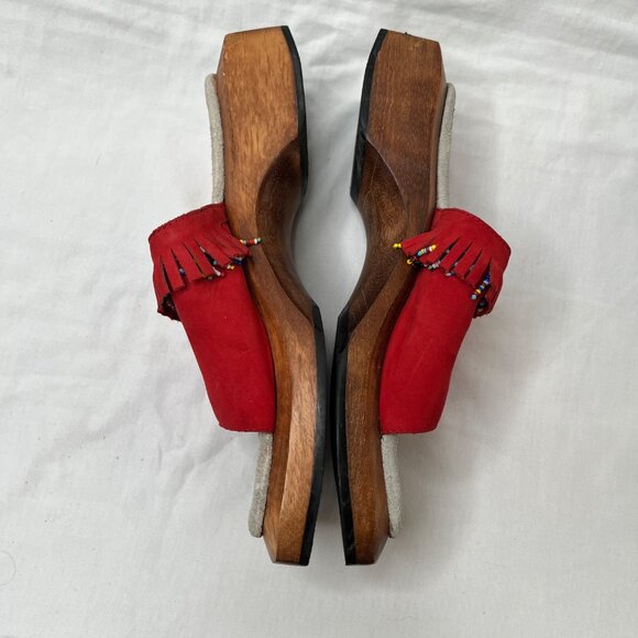 Rampage Womens y2k Red Suede Beaded Fringe Wood Clog Slide Sandals Size 7 - Picture 8 of 10
